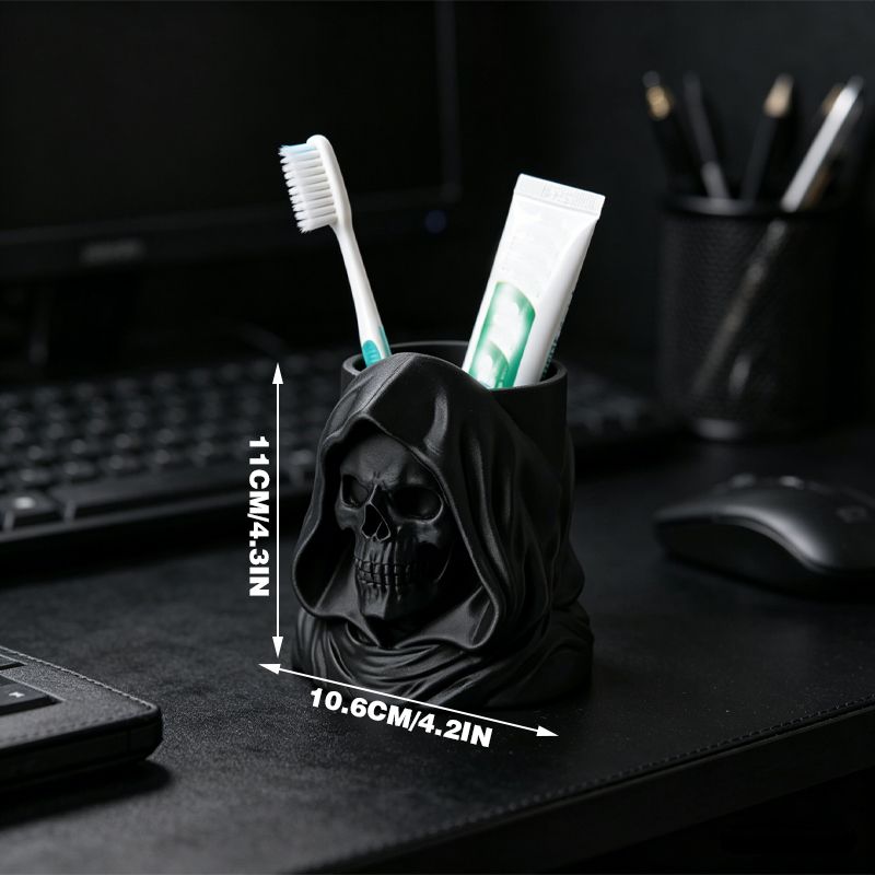 3D-printed hooded skull organizer, perfect for storing toothbrushes and toothpaste in your bathroom. Black. V1195-VYY0095