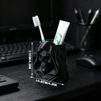 3D-printed hooded skull organizer, perfect for storing toothbrushes and toothpaste in your bathroom. Black. V1195-VYY0095