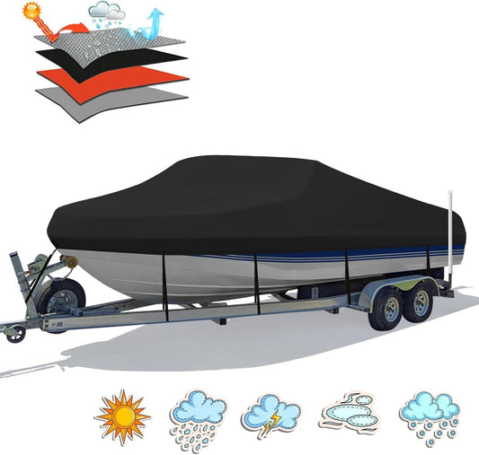 Trailerable Boat Cover - 600DHeavy Duty Waterproof Tarp with Storage Bag, Designed for V-Hull, Fish & Ski, V1197-23-25FTSILVER