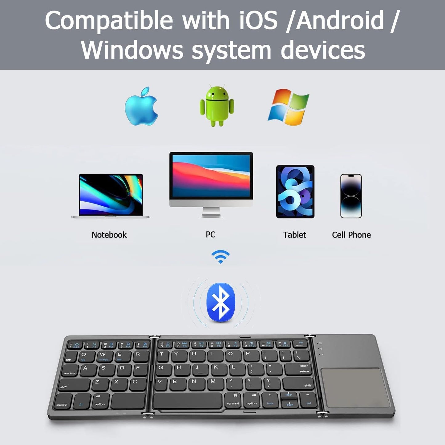 Foldable Bluetooth Keyboard with Touchpad, Wireless Portable Keyboard, Ultra Slim Rechargeable Folding V1197-BG-042501