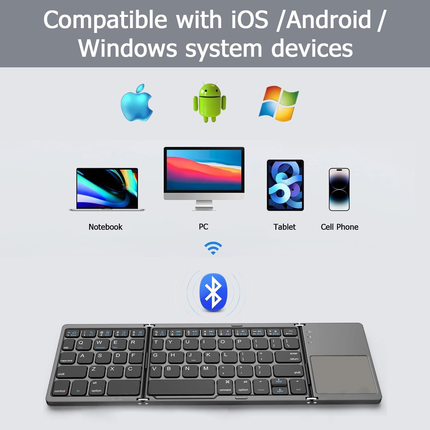 Foldable Bluetooth Keyboard with Touchpad, Wireless Portable Keyboard, Ultra Slim Rechargeable Folding V1197-BG-042501