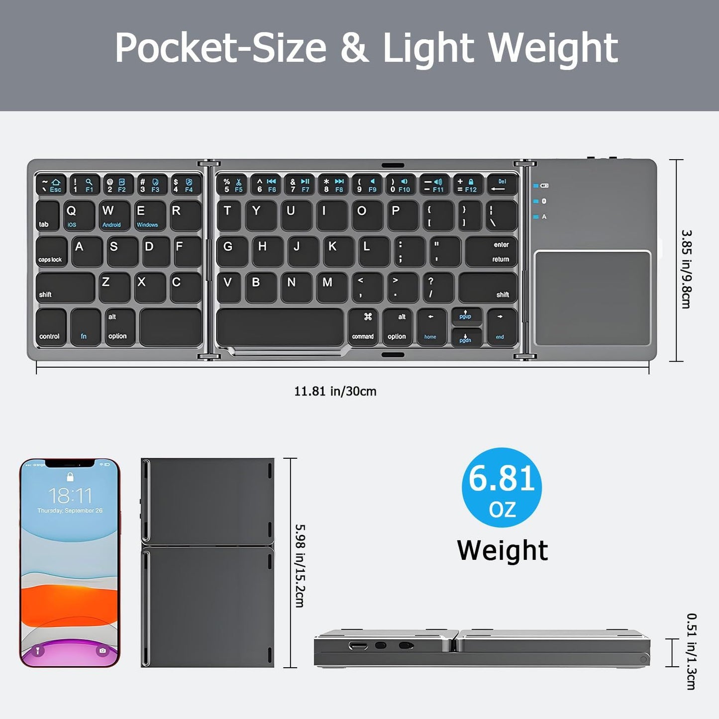 Foldable Bluetooth Keyboard with Touchpad, Wireless Portable Keyboard, Ultra Slim Rechargeable Folding V1197-BG-042501