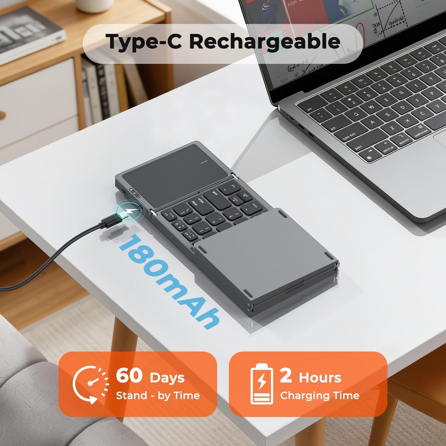 Foldable Bluetooth Keyboard with Touchpad, Wireless Portable Keyboard, Ultra Slim Rechargeable Folding V1197-BG-042502
