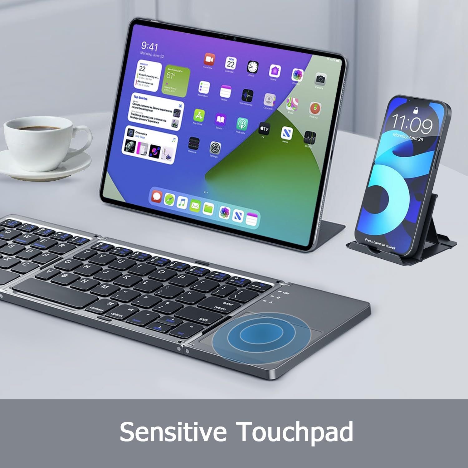 Foldable Bluetooth Keyboard with Touchpad, Wireless Portable Keyboard, Ultra Slim Rechargeable Folding V1197-BG-042503