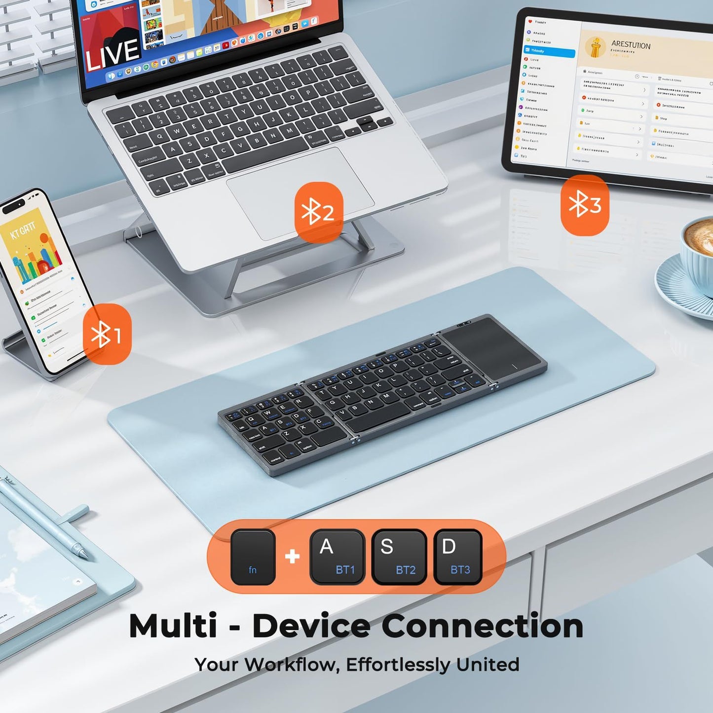 Foldable Bluetooth Keyboard with Touchpad, Wireless Portable Keyboard, Ultra Slim Rechargeable Folding V1197-BG-042503