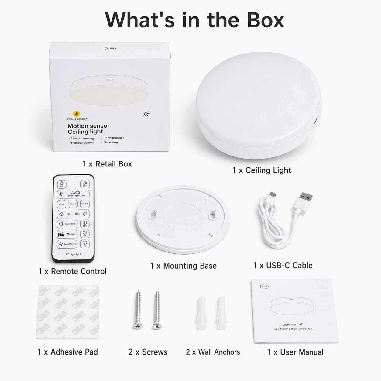 Rechargeable Motion Sensor Ceiling Light, 10000mAh Battery Operated LED Ceiling Light with Remote, Wireless Stick On Closet Light, 3 Color Dimmable Flush Mount Light, USB-C, for Hallway Stairway