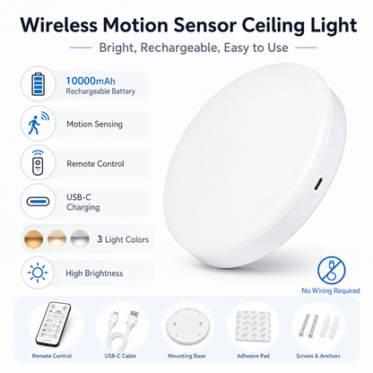 Rechargeable Motion Sensor Ceiling Light, 10000mAh Battery Operated LED Ceiling Light with Remote, Wireless Stick On Closet Light, 3 Color Dimmable Flush Mount Light, USB-C, for Hallway Stairway