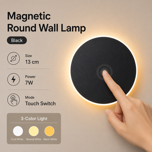 Magnetic Round Wall Lamp 13cm Black, 7W Rechargeable LED Wall Sconce with Touch Control, 3-Color Light, V1197-RY-052304