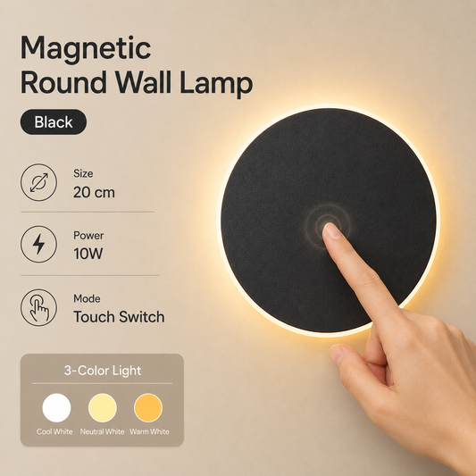 Magnetic Round Wall Lamp 20cm Black, 10W Rechargeable LED Wall Sconce with Touch Control, 3-Color Light, V1197-RY-052305