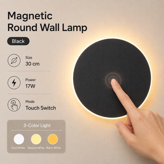 Magnetic Round Wall Lamp 30cm Black, 17W Rechargeable LED Wall Sconce with Touch Control, 3-Color Light, V1197-RY-052306
