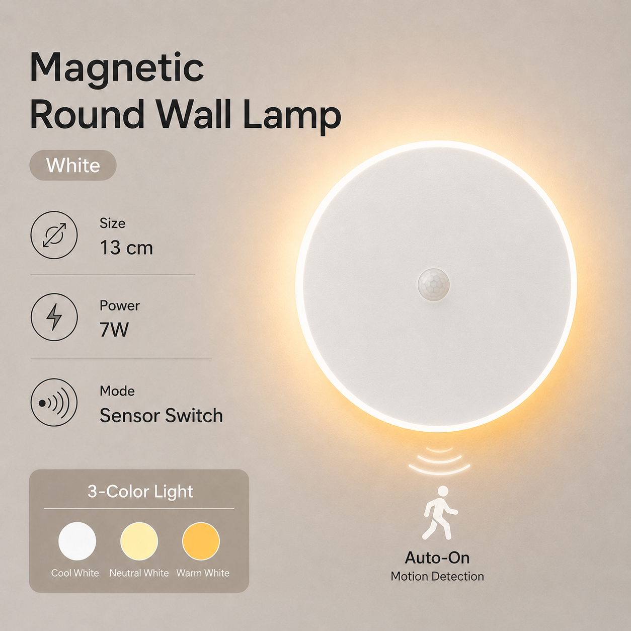 Magnetic Round Wall Lamp 13cm White, 7W Rechargeable LED Wall Sconce with Motion Sensor, 3-Color Light, V1197-RY-052307