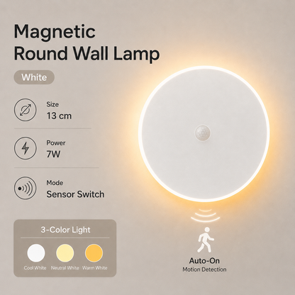 Magnetic Round Wall Lamp 13cm White, 7W Rechargeable LED Wall Sconce with Motion Sensor, 3-Color Light, V1197-RY-052307