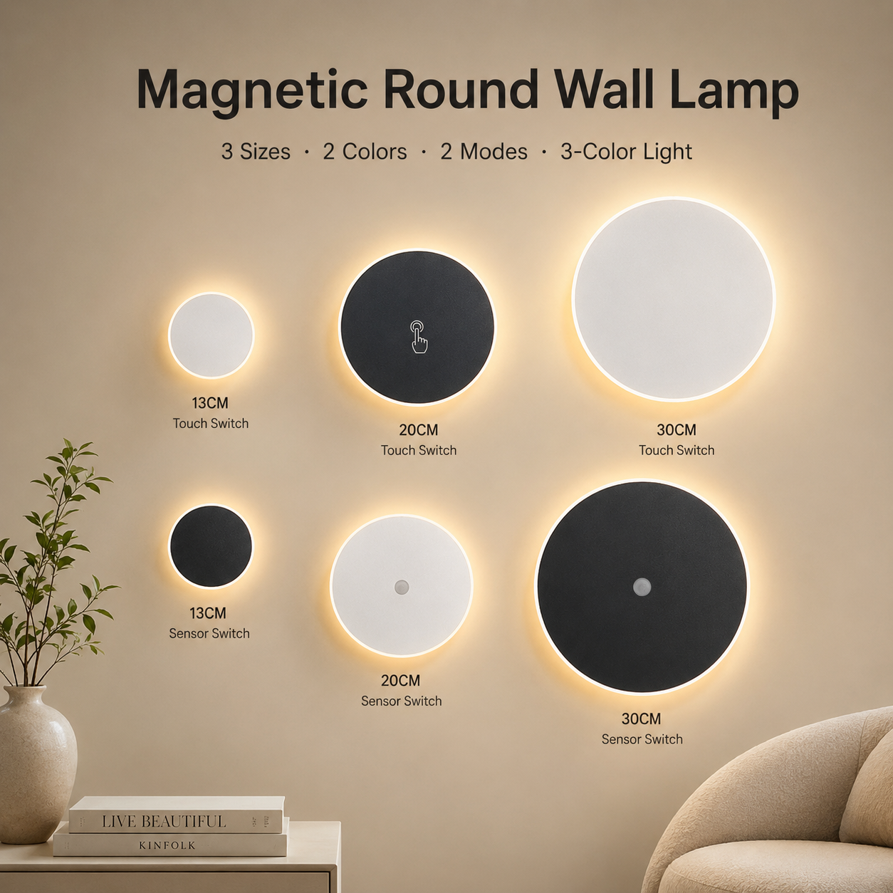 Magnetic Round Wall Lamp 13cm White, 7W Rechargeable LED Wall Sconce with Motion Sensor, 3-Color Light, V1197-RY-052307