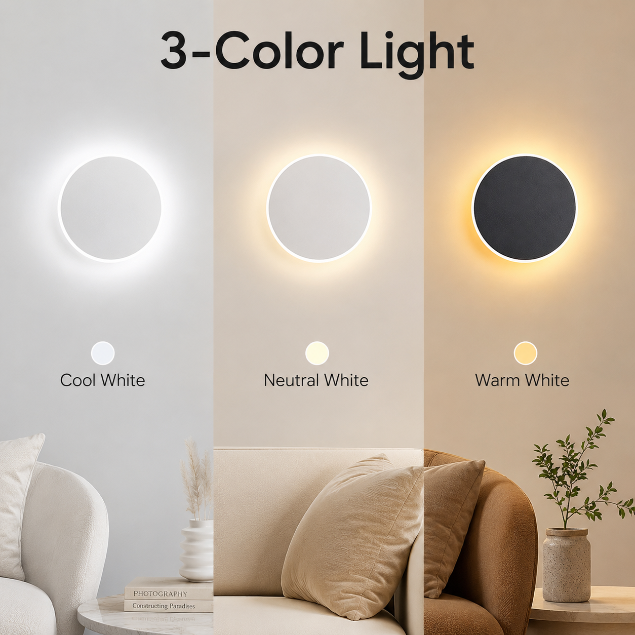 Magnetic Round Wall Lamp 13cm White, 7W Rechargeable LED Wall Sconce with Motion Sensor, 3-Color Light, V1197-RY-052307