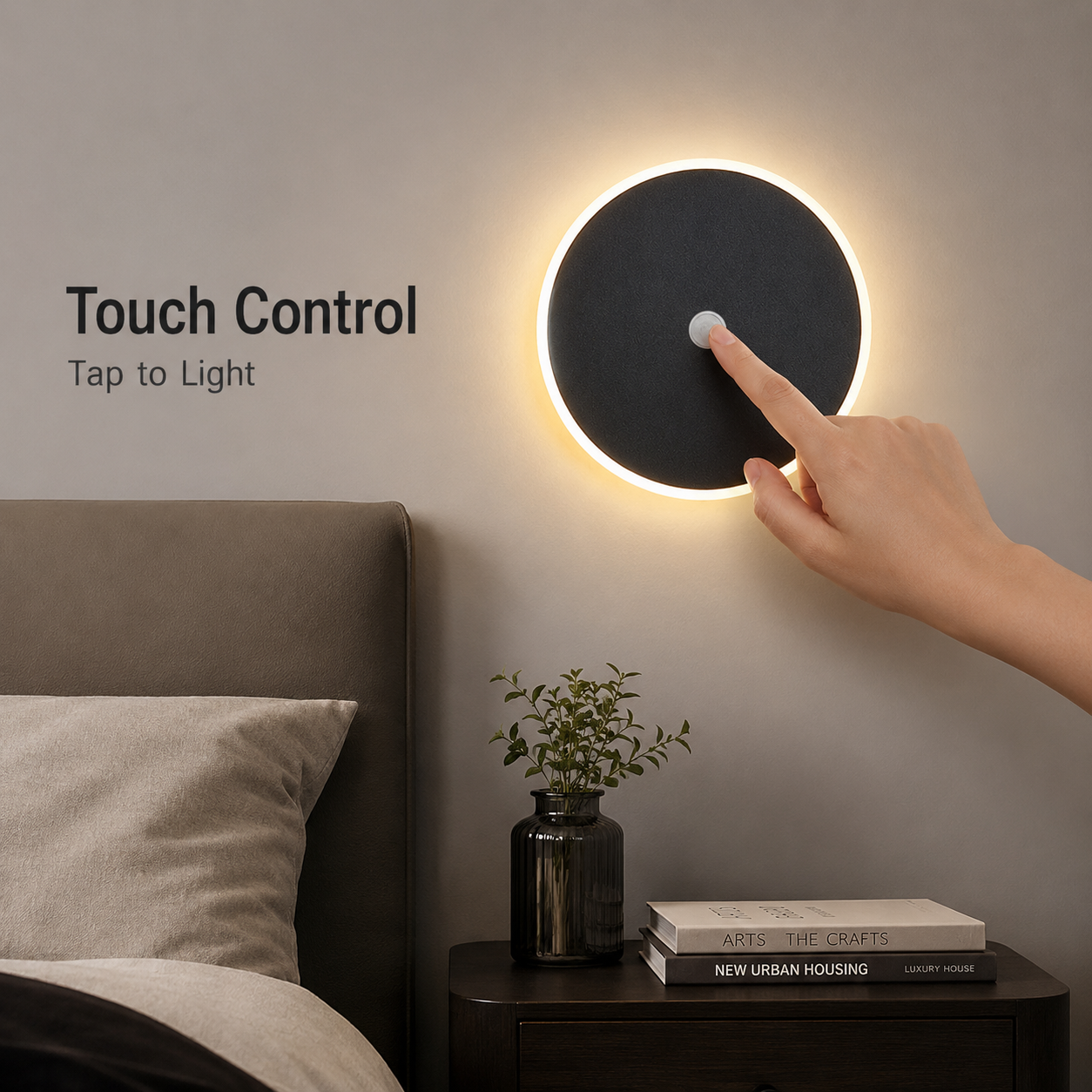 Magnetic Round Wall Lamp 13cm Black, 7W Rechargeable LED Wall Sconce with Motion Sensor, 3-Color Light, V1197-RY-052310