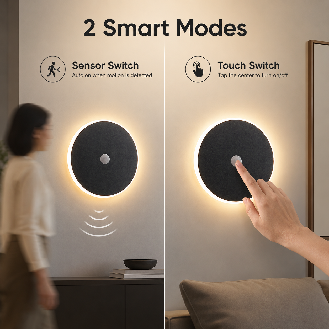 Magnetic Round Wall Lamp 13cm Black, 7W Rechargeable LED Wall Sconce with Motion Sensor, 3-Color Light, V1197-RY-052310