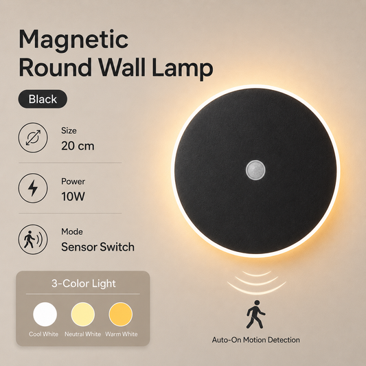 Magnetic Round Wall Lamp 20cm Black, 10W Rechargeable LED Wall Sconce with Motion Sensor, 3-Color Light, V1197-RY-052311