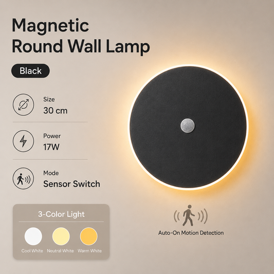 Magnetic Round Wall Lamp 30cm Black, 17W Rechargeable LED Wall Sconce with Motion Sensor, 3-Color Light, V1197-RY-052312