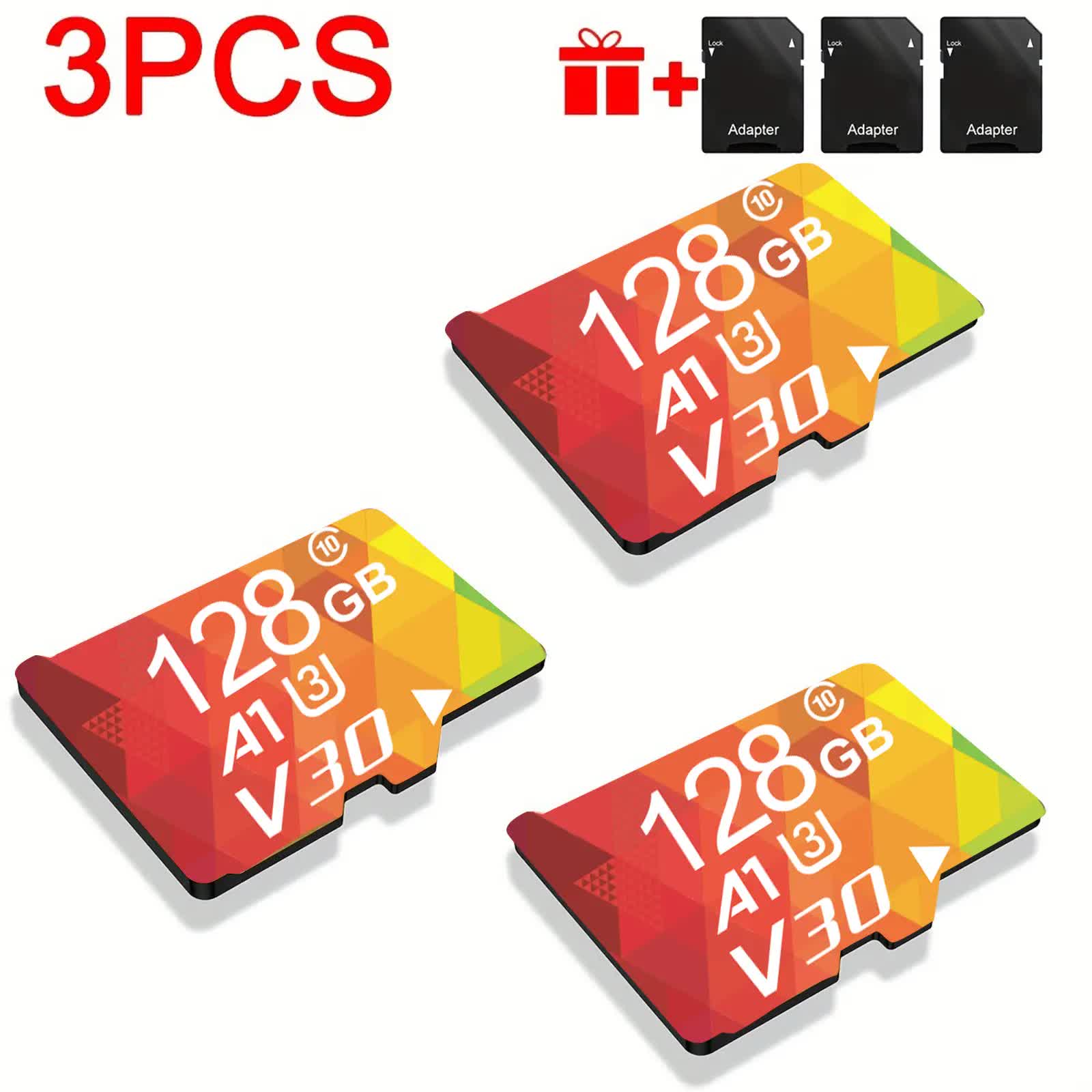 3PCS 128G Memory Cards, U3 A1 Class 10, Up To 100MB/s, Micro SD TF For Security Monitor/Full HD Video V1214-3PCS--128G--MC