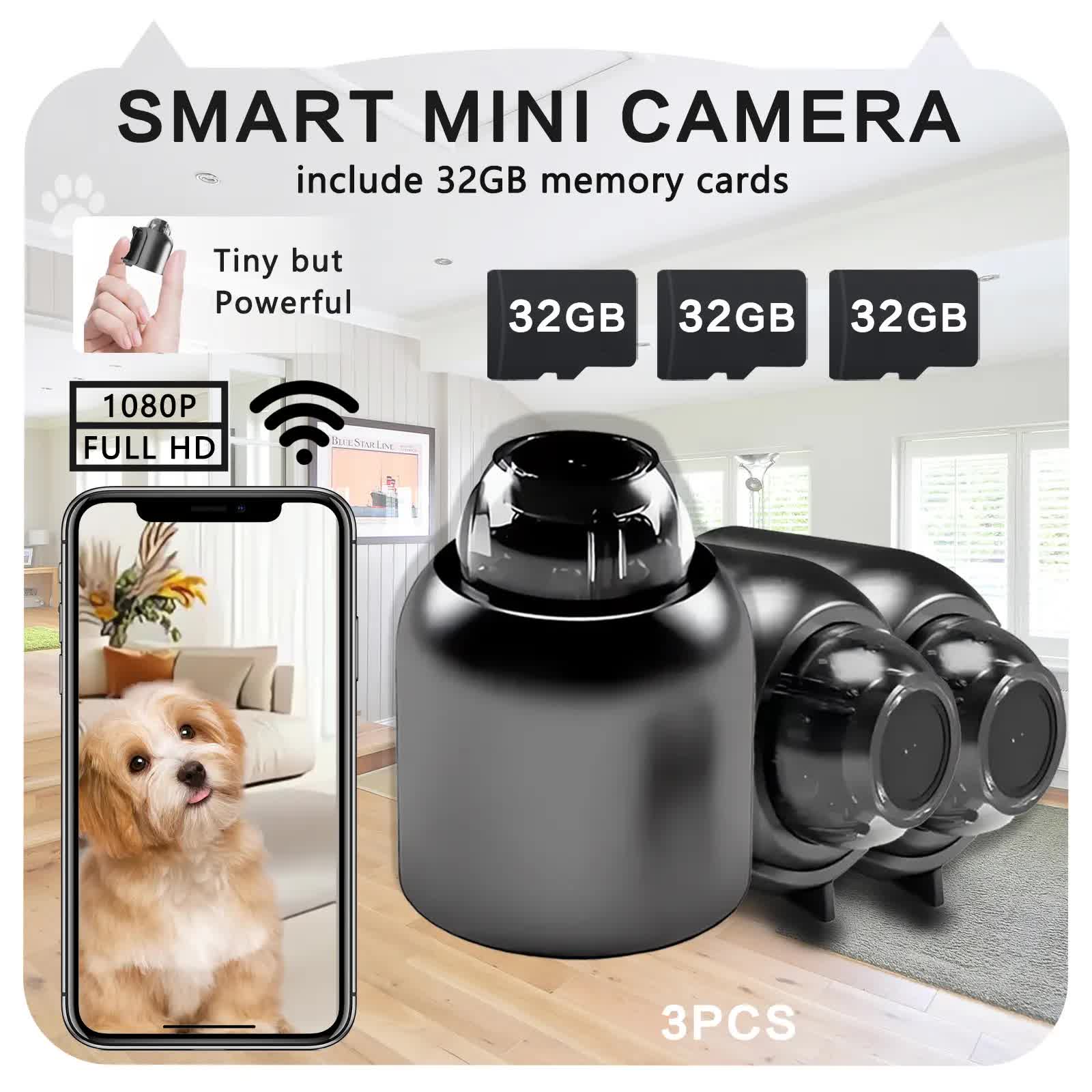 3pcs Mini Wireless Surveillance Camera with 2.4G WiFi, HD 1080P, Supports 32GB Cards, Night Vision, Audio, V1214-3PCS-X5JK-32MC