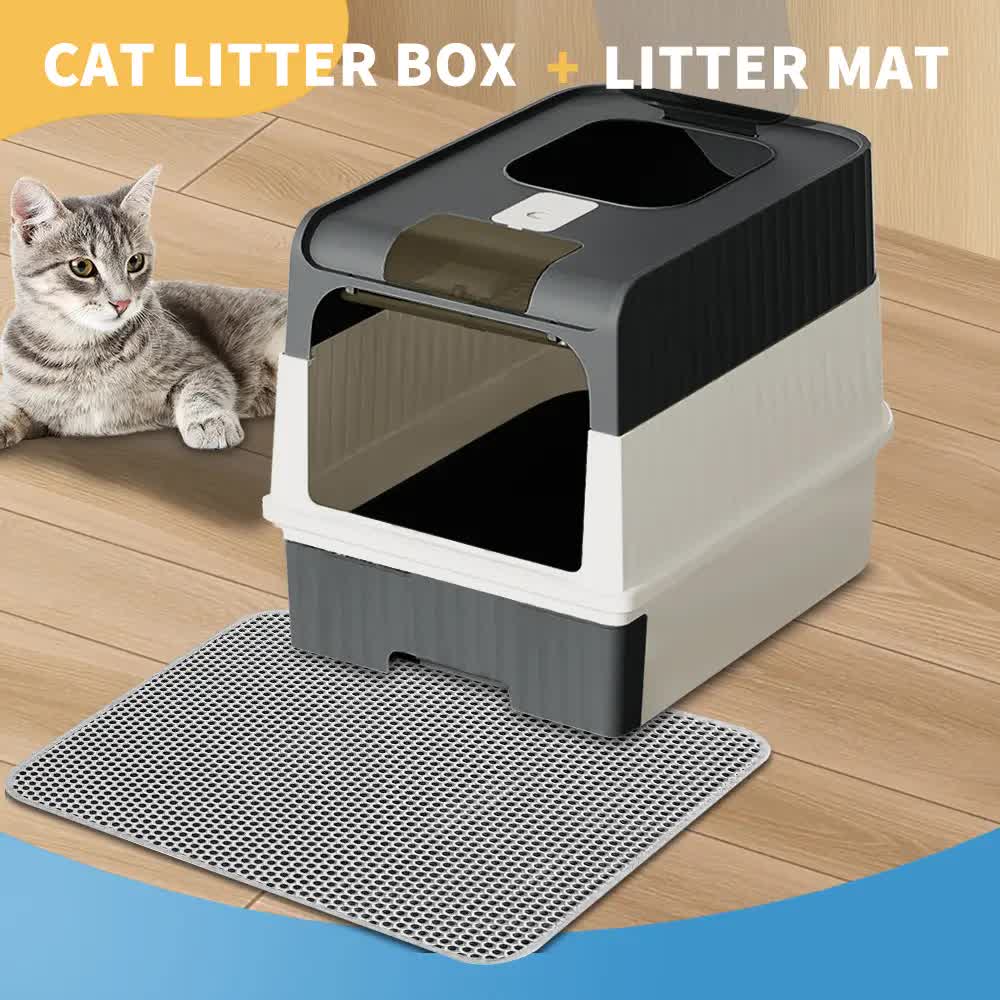 Huge Cat Litter Box Bundle with Free Litter Mat & Scoop,Drawer Type Enclosed Potty, Anti-Splashing Cat Toilet V1214-CAT-BLACK-MAT