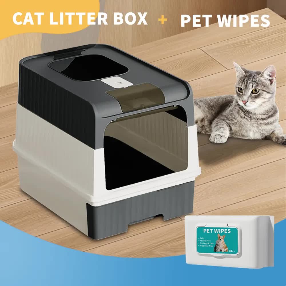 Huge Cat Litter Box Bundle with Free 80 Pet Wipes & Scoop, Drawer Type Enclosed Potty, Anti-Splashing Cat V1214-CAT-BLACK-RA
