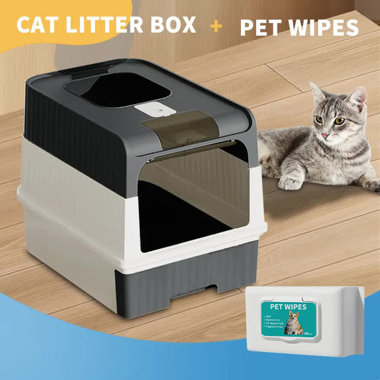 Huge Cat Litter Box Bundle with Free 80 Pet Wipes & Scoop, Drawer Type Enclosed Potty, Anti-Splashing Cat V1214-CAT-BLACK-RA