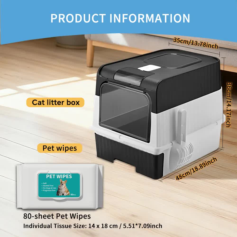 Huge Cat Litter Box Bundle with Free 80 Pet Wipes & Scoop, Drawer Type Enclosed Potty, Anti-Splashing Cat V1214-CAT-BLACK-RA
