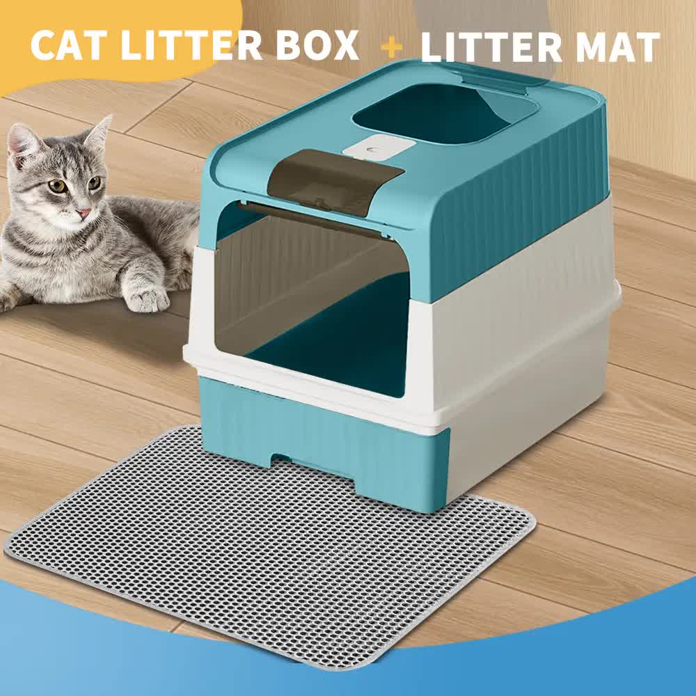 Huge Cat Litter Box Bundle with Free Litter Mat & Scoop,Drawer Type Enclosed Potty, Anti-Splashing Cat Toilet V1214-CAT-BLUE-MAT