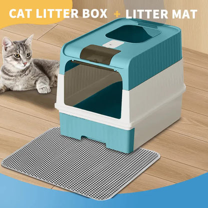Huge Cat Litter Box Bundle with Free Litter Mat & Scoop,Drawer Type Enclosed Potty, Anti-Splashing Cat Toilet V1214-CAT-BLUE-MAT
