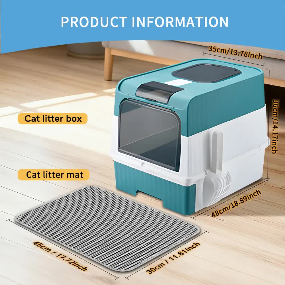 Huge Cat Litter Box Bundle with Free Litter Mat & Scoop,Drawer Type Enclosed Potty, Anti-Splashing Cat Toilet V1214-CAT-BLUE-MAT