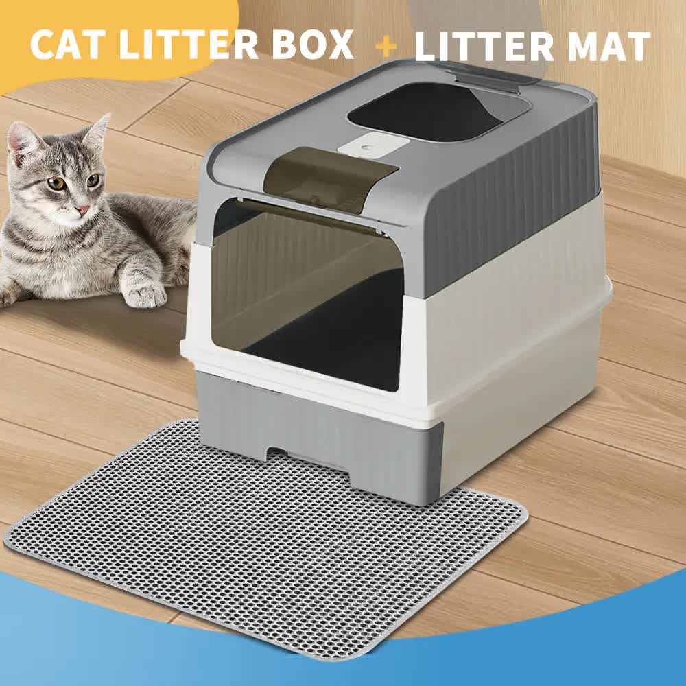 Huge Cat Litter Box Bundle with Free Litter Mat & Scoop,Drawer Type Enclosed Potty, Anti-Splashing Cat Toilet V1214-CAT-GREY-MAT