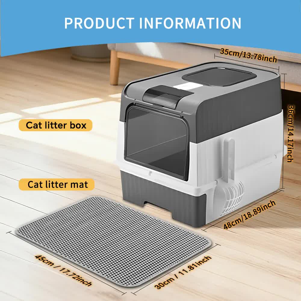 Huge Cat Litter Box Bundle with Free Litter Mat & Scoop,Drawer Type Enclosed Potty, Anti-Splashing Cat Toilet V1214-CAT-GREY-MAT