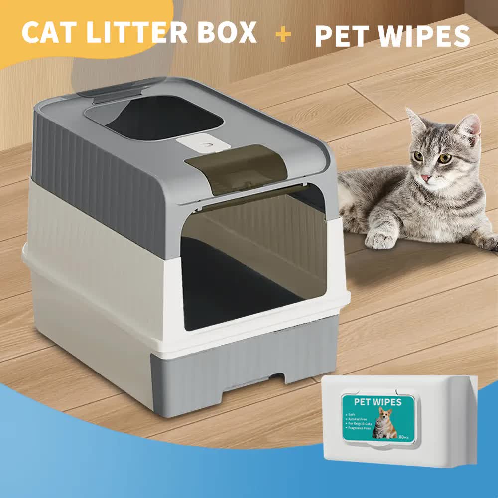 Huge Cat Litter Box Bundle with Free 80 Pet Wipes & Scoop, Drawer Type Enclosed Potty, Anti-Splashing Cat V1214-CAT-GREY-RA