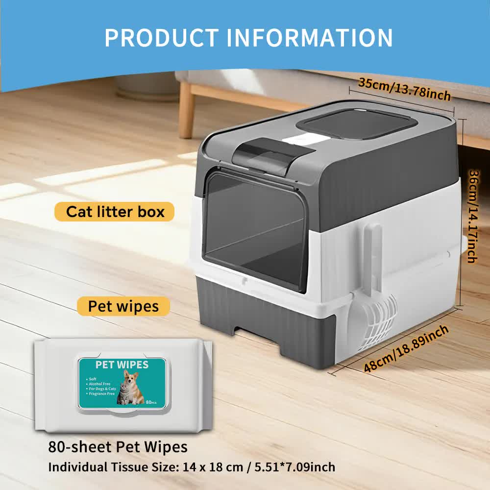 Huge Cat Litter Box Bundle with Free 80 Pet Wipes & Scoop, Drawer Type Enclosed Potty, Anti-Splashing Cat V1214-CAT-GREY-RA