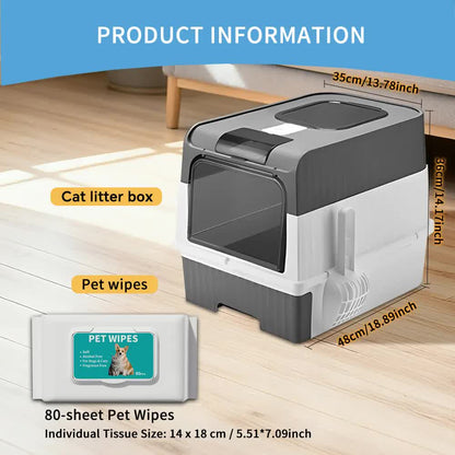 Huge Cat Litter Box Bundle with Free 80 Pet Wipes & Scoop, Drawer Type Enclosed Potty, Anti-Splashing Cat V1214-CAT-GREY-RA