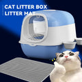 Large Cat Litter Box Set with Free Litter Mat & Scoop, Enclosed Front Entry Anti-Splashing Anti-Tracking Cat V1214-EW-BLUE-MAT