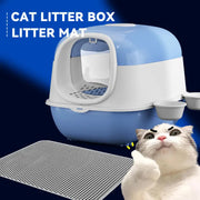 Large Cat Litter Box Set with Free Litter Mat & Scoop, Enclosed Front Entry Anti-Splashing Anti-Tracking Cat V1214-EW-BLUE-MAT