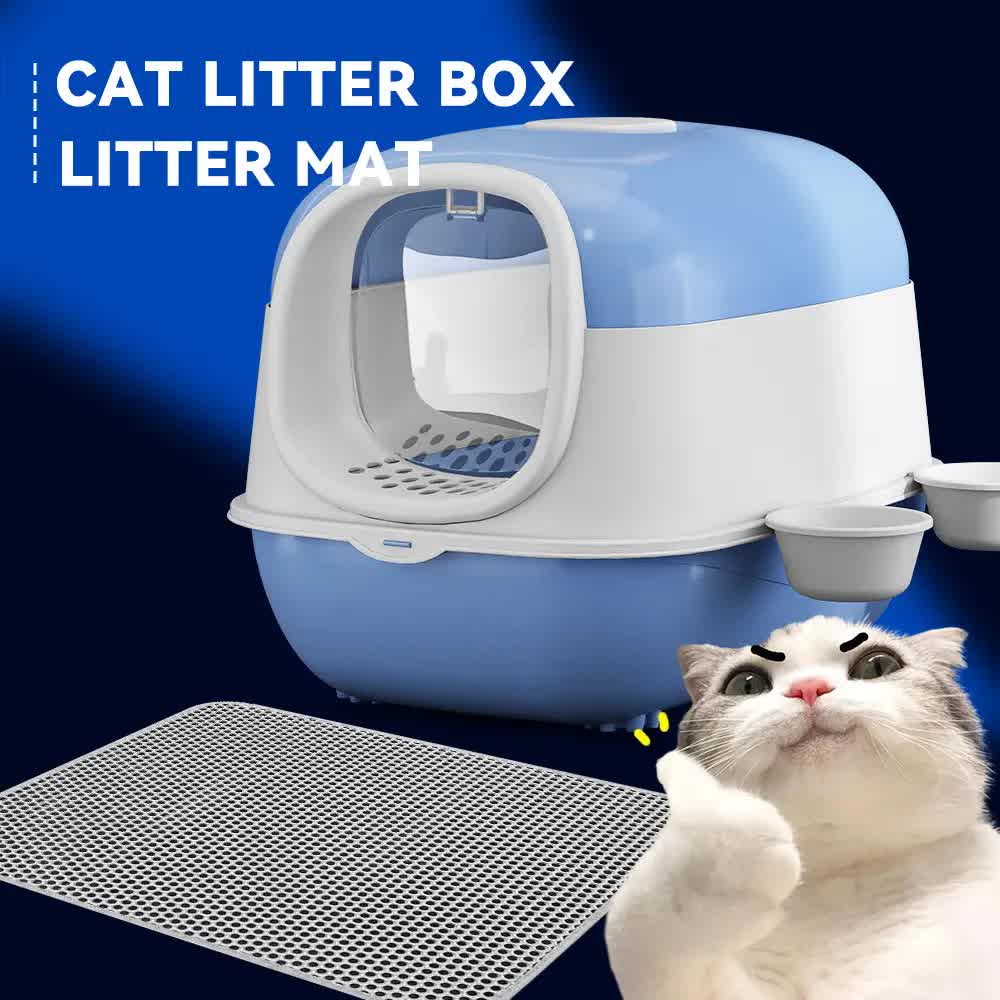 Large Cat Litter Box Set with Free Litter Mat & Scoop, Enclosed Front Entry Anti-Splashing Anti-Tracking Cat V1214-EW-BLUE-MAT