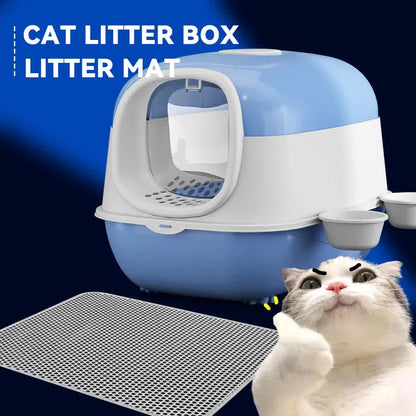 Large Cat Litter Box Set with Free Litter Mat & Scoop, Enclosed Front Entry Anti-Splashing Anti-Tracking Cat V1214-EW-BLUE-MAT