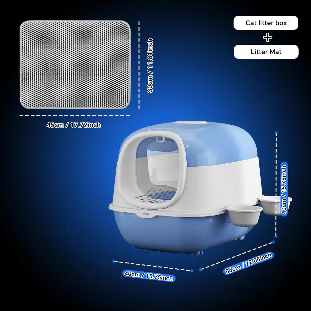 Large Cat Litter Box Set with Free Litter Mat & Scoop, Enclosed Front Entry Anti-Splashing Anti-Tracking Cat V1214-EW-BLUE-MAT