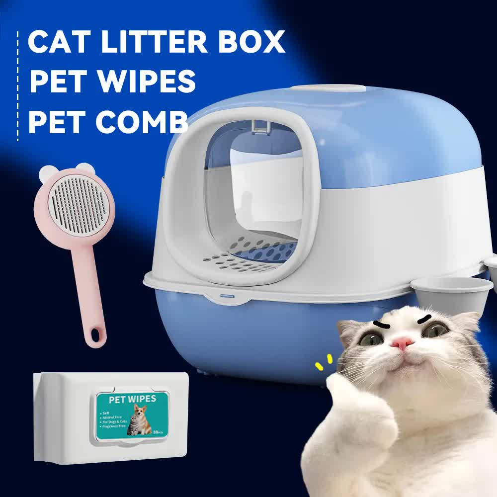 Huge 56cm Cat Litter Box Bundle with Free Pet Comb & 80 Wipes, Hooded Enclosed Potty with Drawer, V1214-EW-BLUE-RA