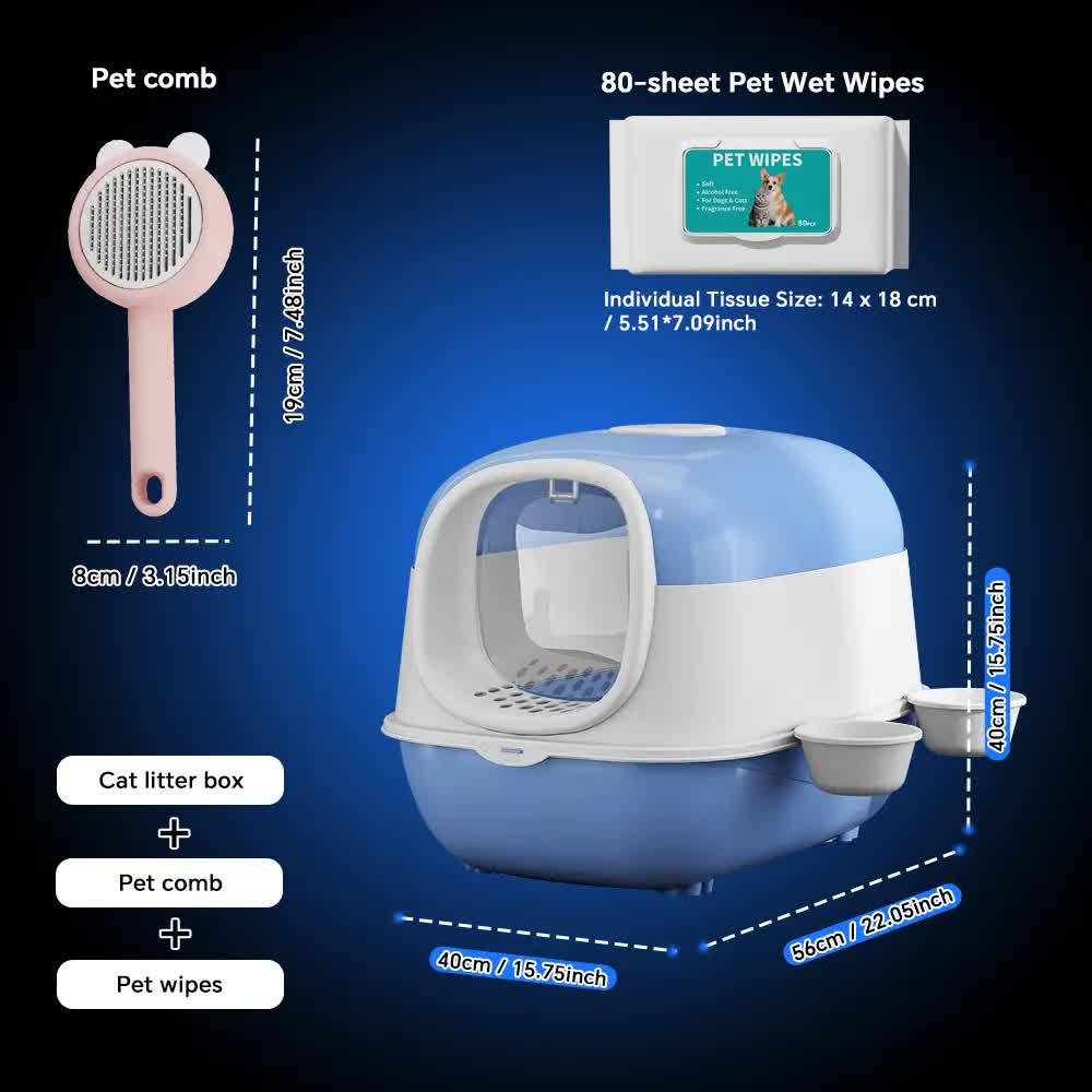 Huge 56cm Cat Litter Box Bundle with Free Pet Comb & 80 Wipes, Hooded Enclosed Potty with Drawer, V1214-EW-BLUE-RA