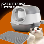 Large Cat Litter Box Set with Free Litter Mat & Scoop, Enclosed Front Entry Anti-Splashing Anti-Tracking Cat V1214-EW-GREY-MAT