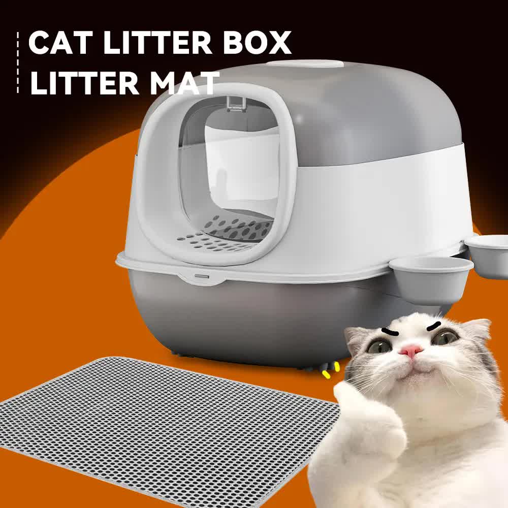 Large Cat Litter Box Set with Free Litter Mat & Scoop, Enclosed Front Entry Anti-Splashing Anti-Tracking Cat V1214-EW-GREY-MAT
