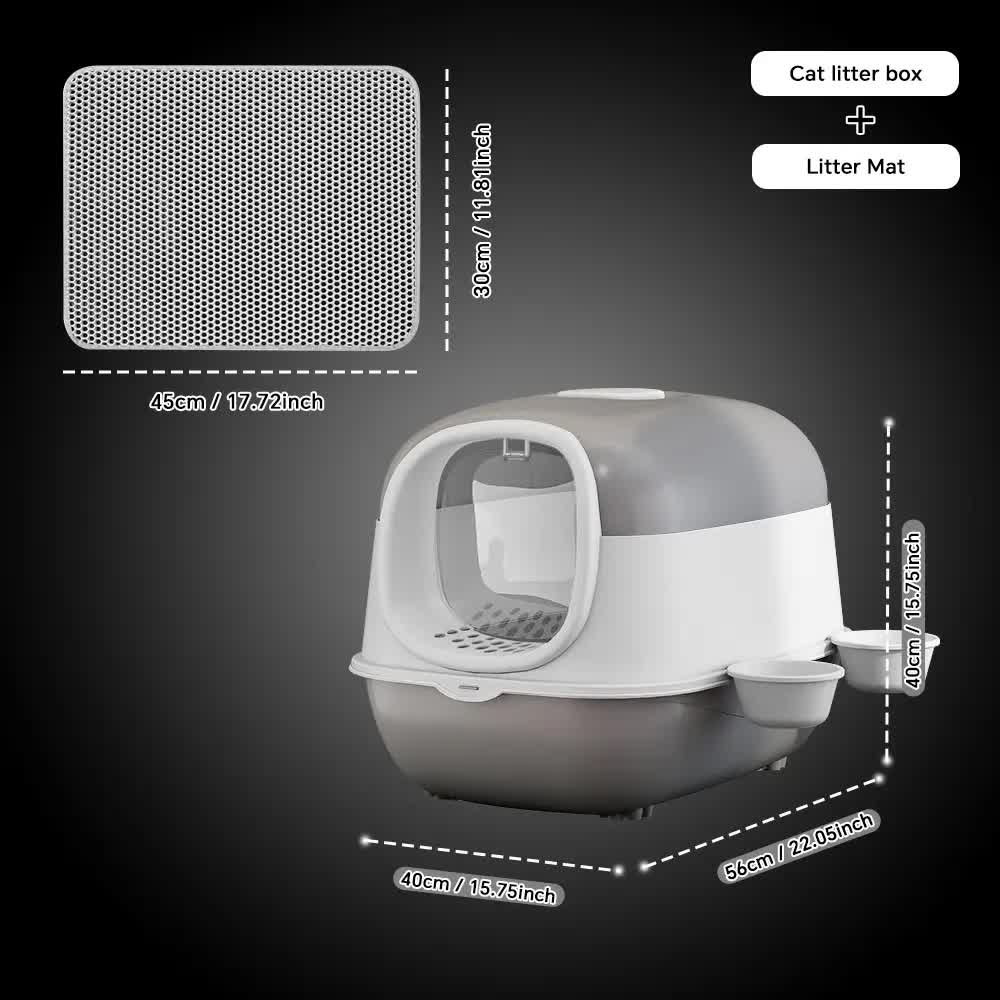 Large Cat Litter Box Set with Free Litter Mat & Scoop, Enclosed Front Entry Anti-Splashing Anti-Tracking Cat V1214-EW-GREY-MAT