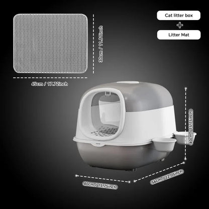 Large Cat Litter Box Set with Free Litter Mat & Scoop, Enclosed Front Entry Anti-Splashing Anti-Tracking Cat V1214-EW-GREY-MAT