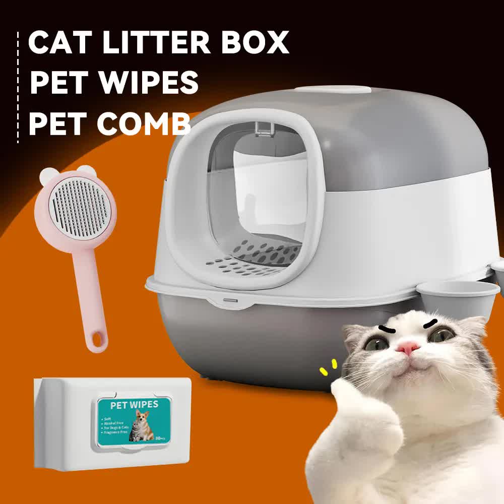 Huge 56cm Cat Litter Box Bundle with Free Pet Comb & 80 Wipes, Hooded Enclosed Potty with Drawer, V1214-EW-GREY-RA