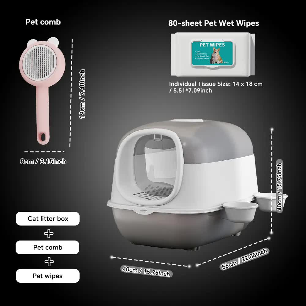 Huge 56cm Cat Litter Box Bundle with Free Pet Comb & 80 Wipes, Hooded Enclosed Potty with Drawer, V1214-EW-GREY-RA