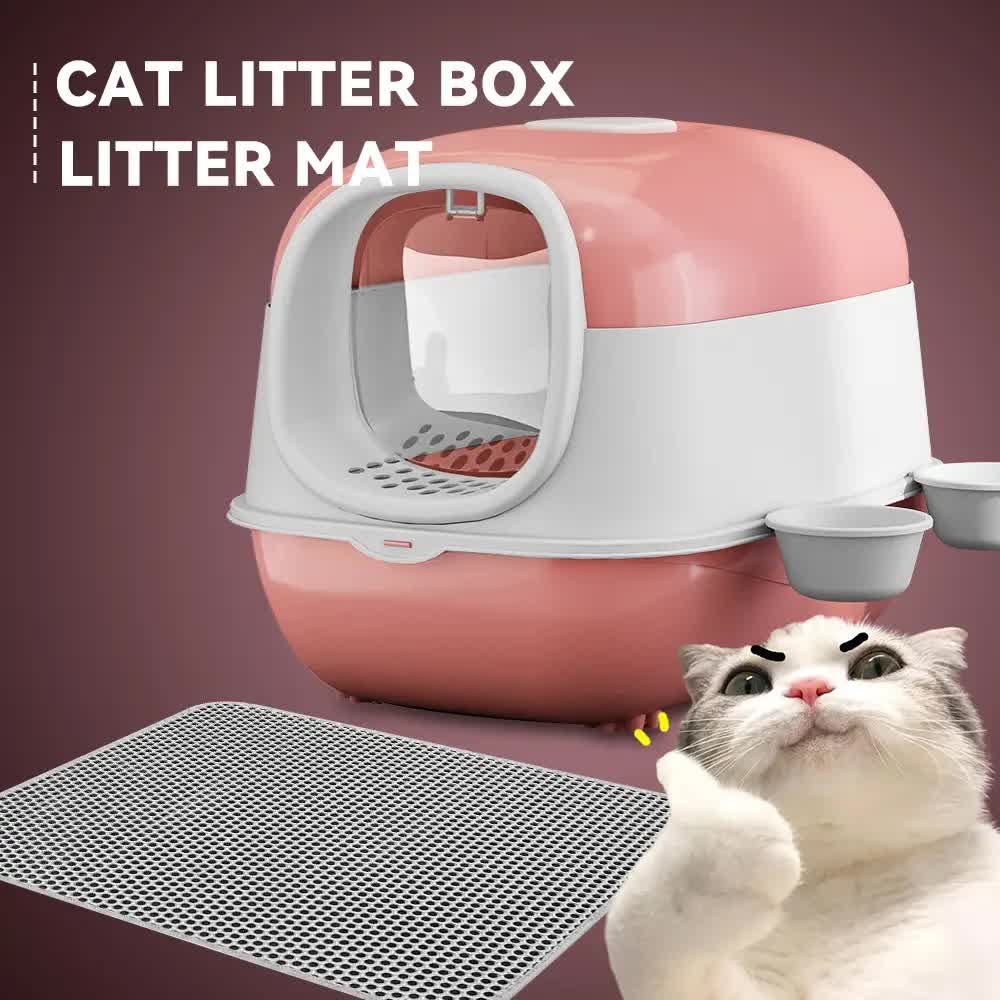 Large Cat Litter Box Set with Free Litter Mat & Scoop, Enclosed Front Entry Anti-Splashing Anti-Tracking Cat V1214-EW-PINK-MAT